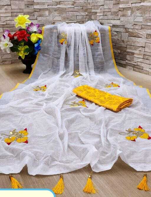 Linen Saree With Banghali Work - 5.50 Mtr Length, 0.80 Mtr Banarasi Silk Blouse | Traditional Ethnic Dress, Breathable, Washable, Customized Logo