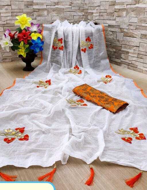Linen Saree With Banghali Work - 5.50 Mtr Length, 0.80 Mtr Banarasi Silk Blouse | Traditional Ethnic Dress, Breathable, Washable, Customized Logo