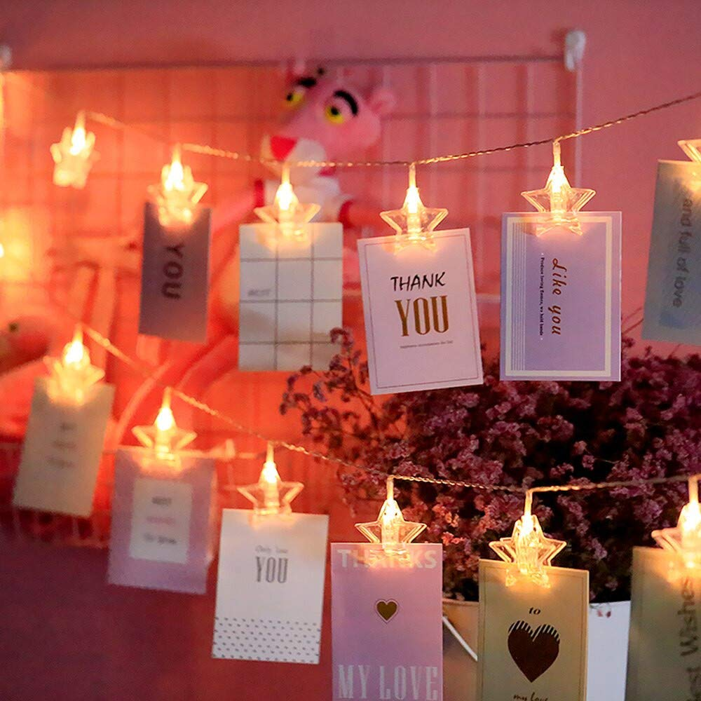 Star Shape Photo Clip String Led Lights - 3m Length, Warm White Color, Plastic & Glass Material | Unique Design For Romantic Party Decoration