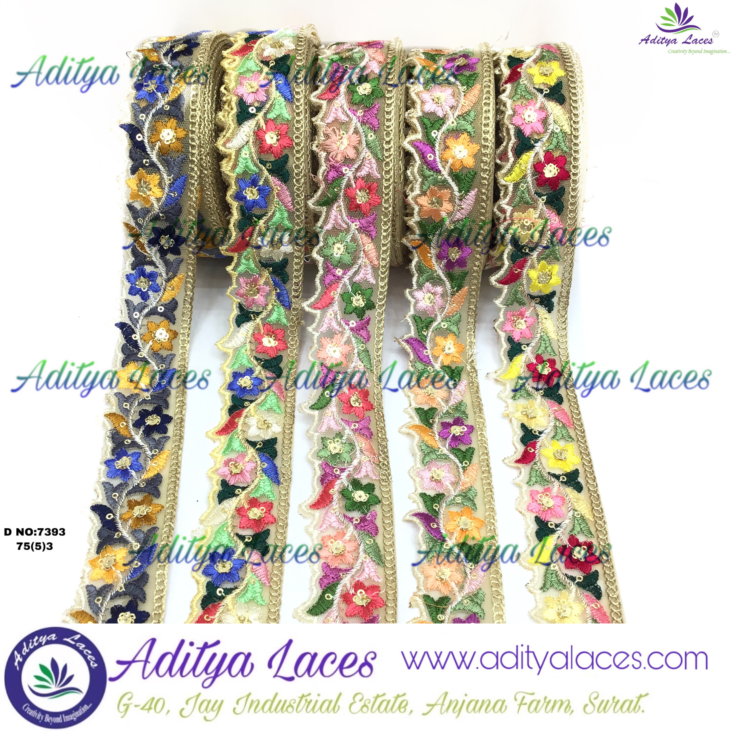 Designer Lace - Fabric Type: Other, Size: 9 Mtrs, Width: 1.5-4.5 Inches, Color Options: Red, Rani, Yellow, Mustard, Navy Blue, Green, Pink, Royal Blue | Features: Soft, Elegant Pattern, One Sided, Embroidered With Sequins