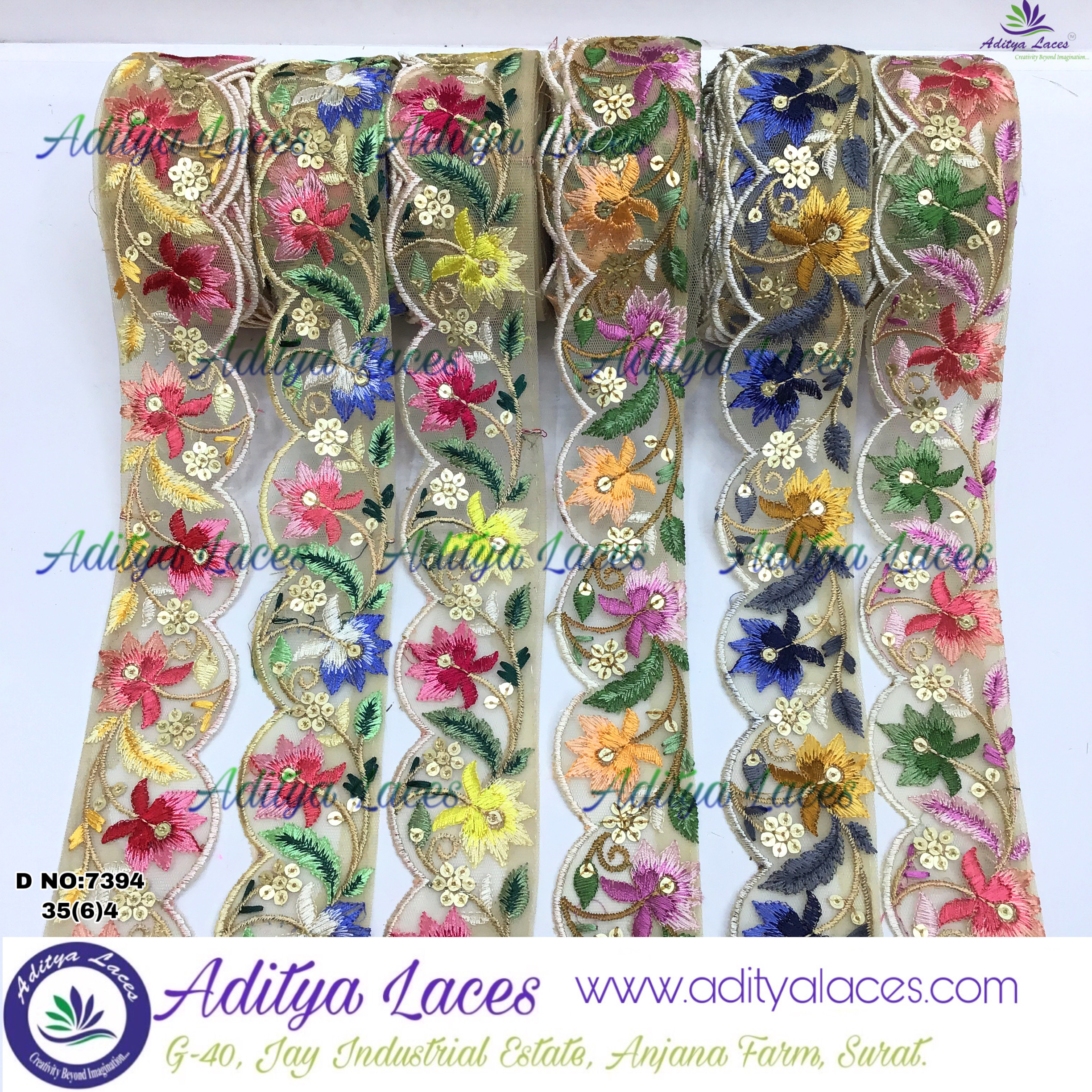 Designer Lace - Fabric Type: Other, Size: 9 Mtrs, Width: 1.5-4.5 Inches, Color Options: Red, Rani, Yellow, Mustard, Navy Blue, Green, Pink, Royal Blue | Features: Soft, Elegant Pattern, One Sided, Embroidered With Sequins