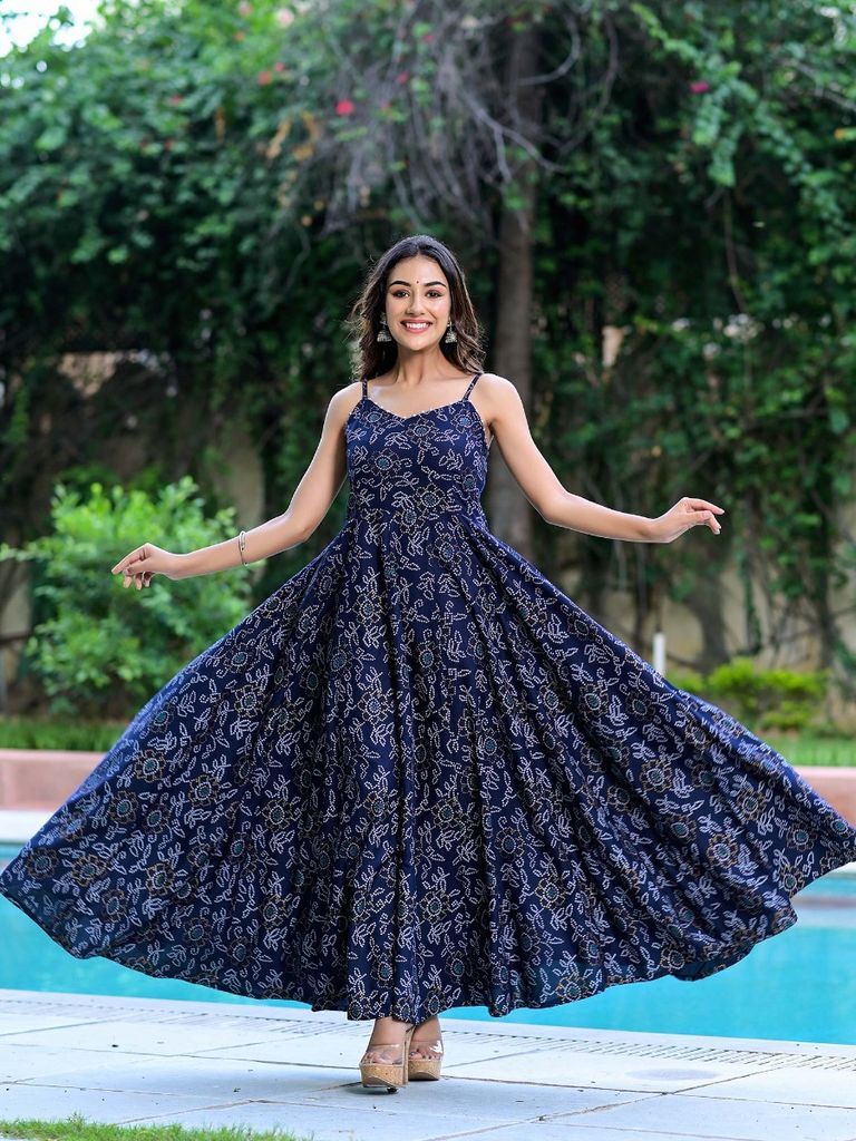 Ladies Dresses - Cotton Blend Maxi, Navy Blue | Size Range Xs-xl, A-line Style With V-neck, Ideal For Formal Events, Parties, Casual Outings