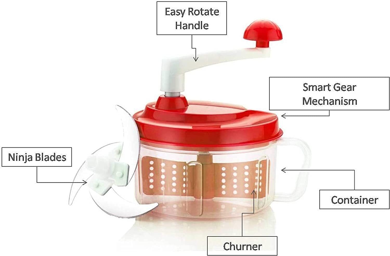 Chop And Churn - Stainless Steel Blades, 10x10x10 Cm, Red | 500ml Capacity, 3 Blades, Efficient Fast Chopping, Durable And Washable Design