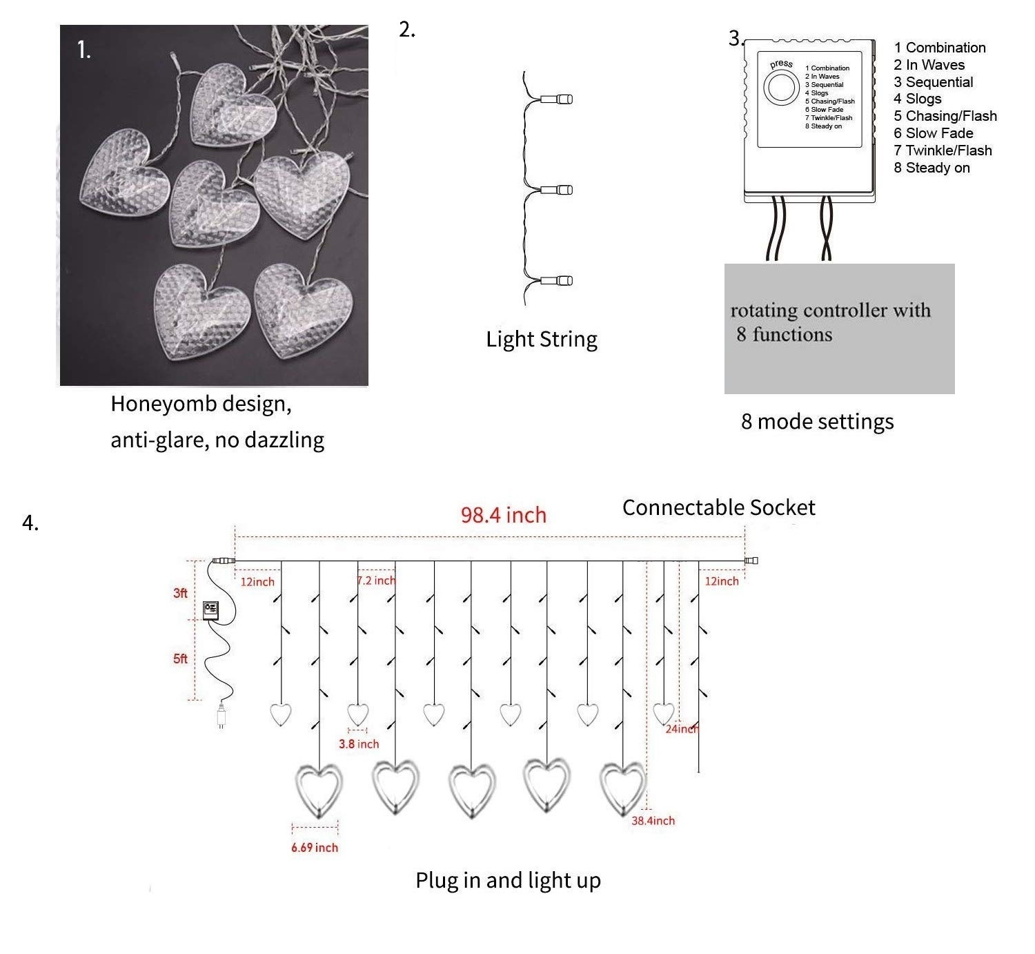 Warm White Heart Shape Window Curtain String Led Lights With 8 Flashing Modes Decorative Lights