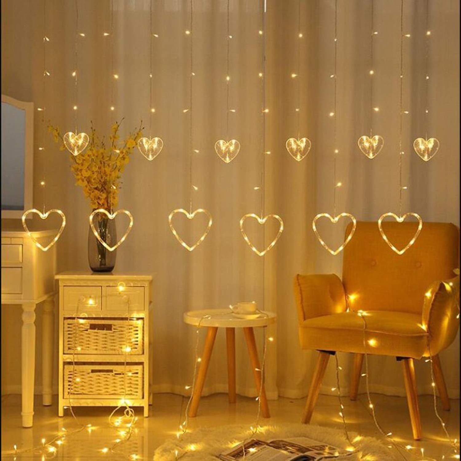 Warm White Heart Shape Window Curtain String Led Lights With 8 Flashing Modes Decorative Lights