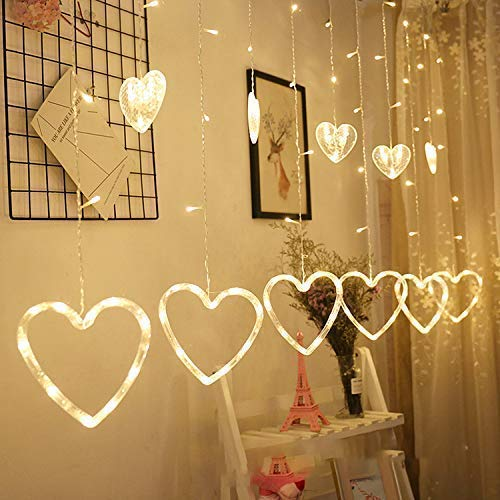 Warm White Heart Shape Window Curtain String Led Lights With 8 Flashing Modes Decorative Lights