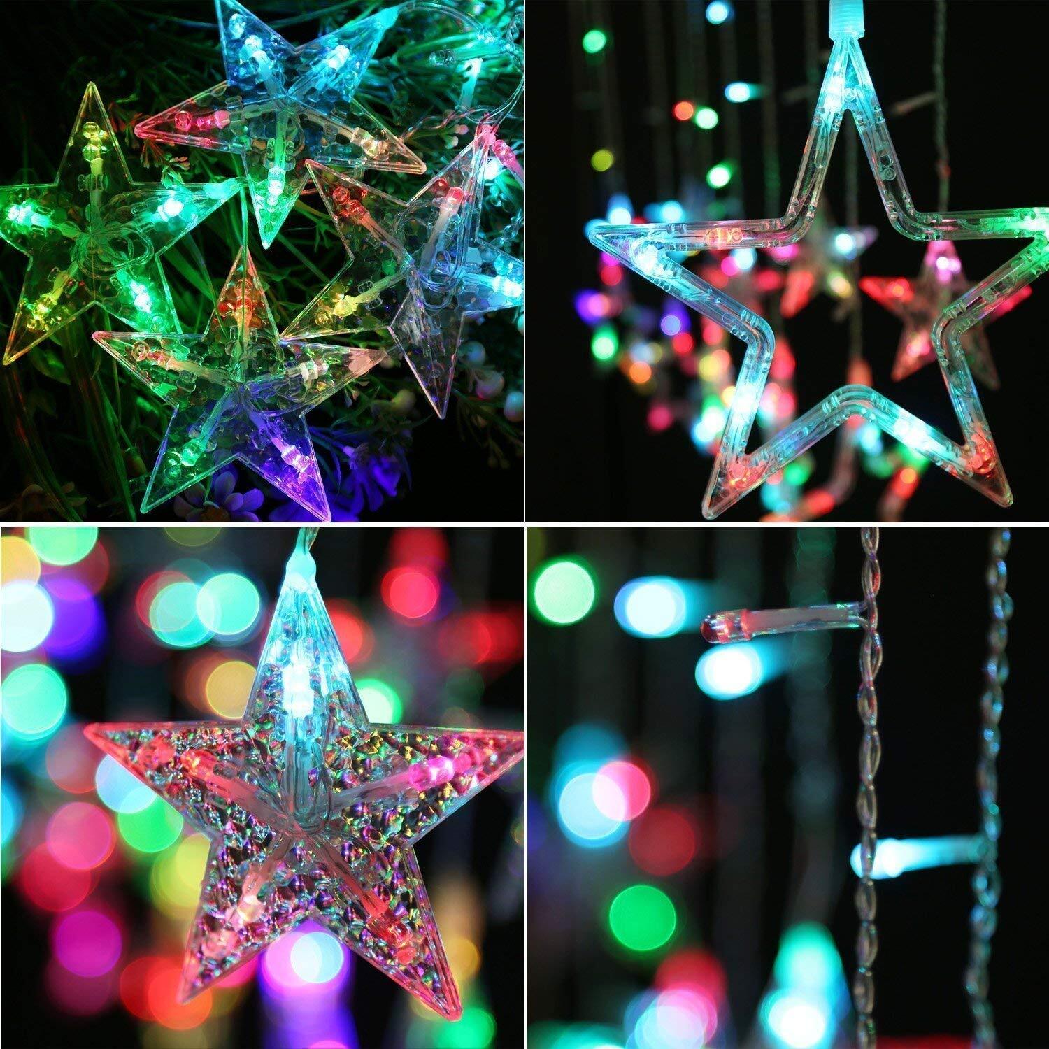 12 Stars Window Curtain With 8 Flashing Modes Led Lights - Plastic, 3m Length, Multi Color | 138 Brightness Leds, Ip44 Waterproof, Connectable Design