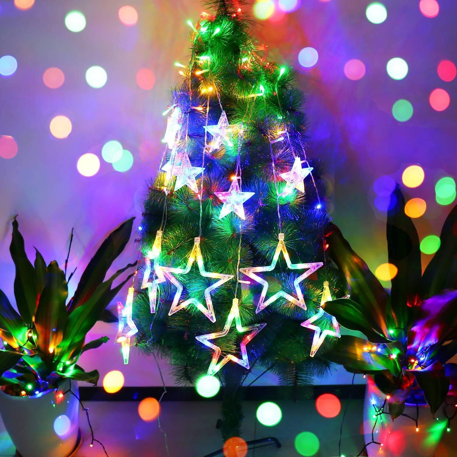 12 Stars Window Curtain With 8 Flashing Modes Led Lights - Plastic, 3m Length, Multi Color | 138 Brightness Leds, Ip44 Waterproof, Connectable Design
