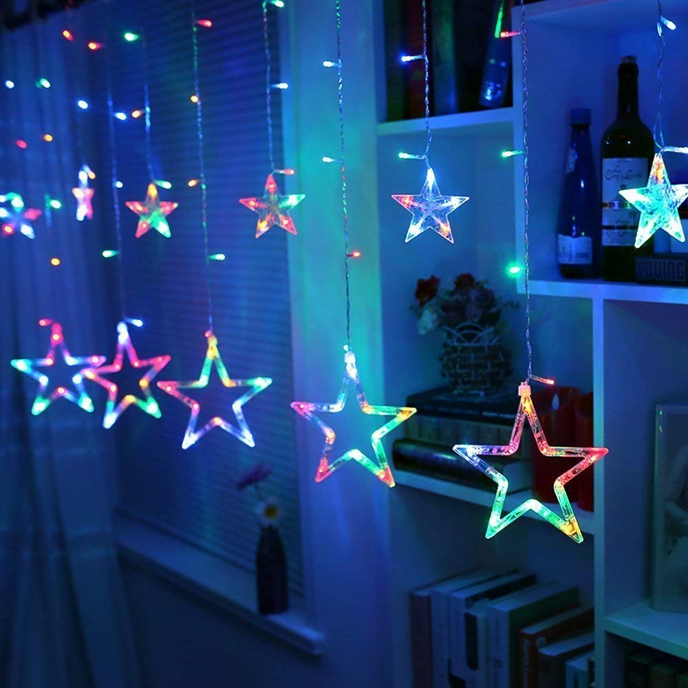 12 Stars Window Curtain With 8 Flashing Modes Led Lights - Plastic, 3m Length, Multi Color | 138 Brightness Leds, Ip44 Waterproof, Connectable Design