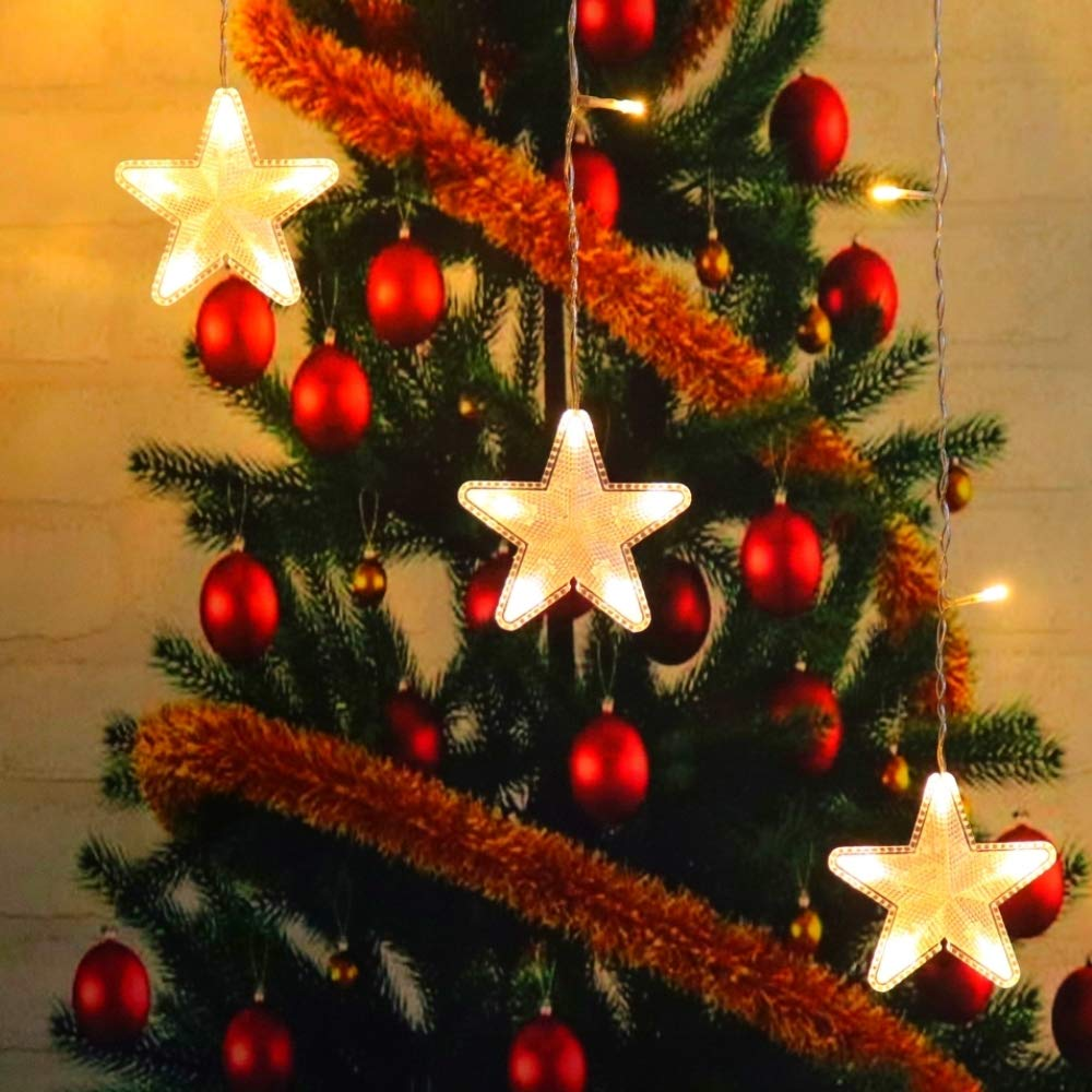 Warm White 16 Stars String Fairy Curtain Lights With 8 Flashing Modes V-shape Decoration Light