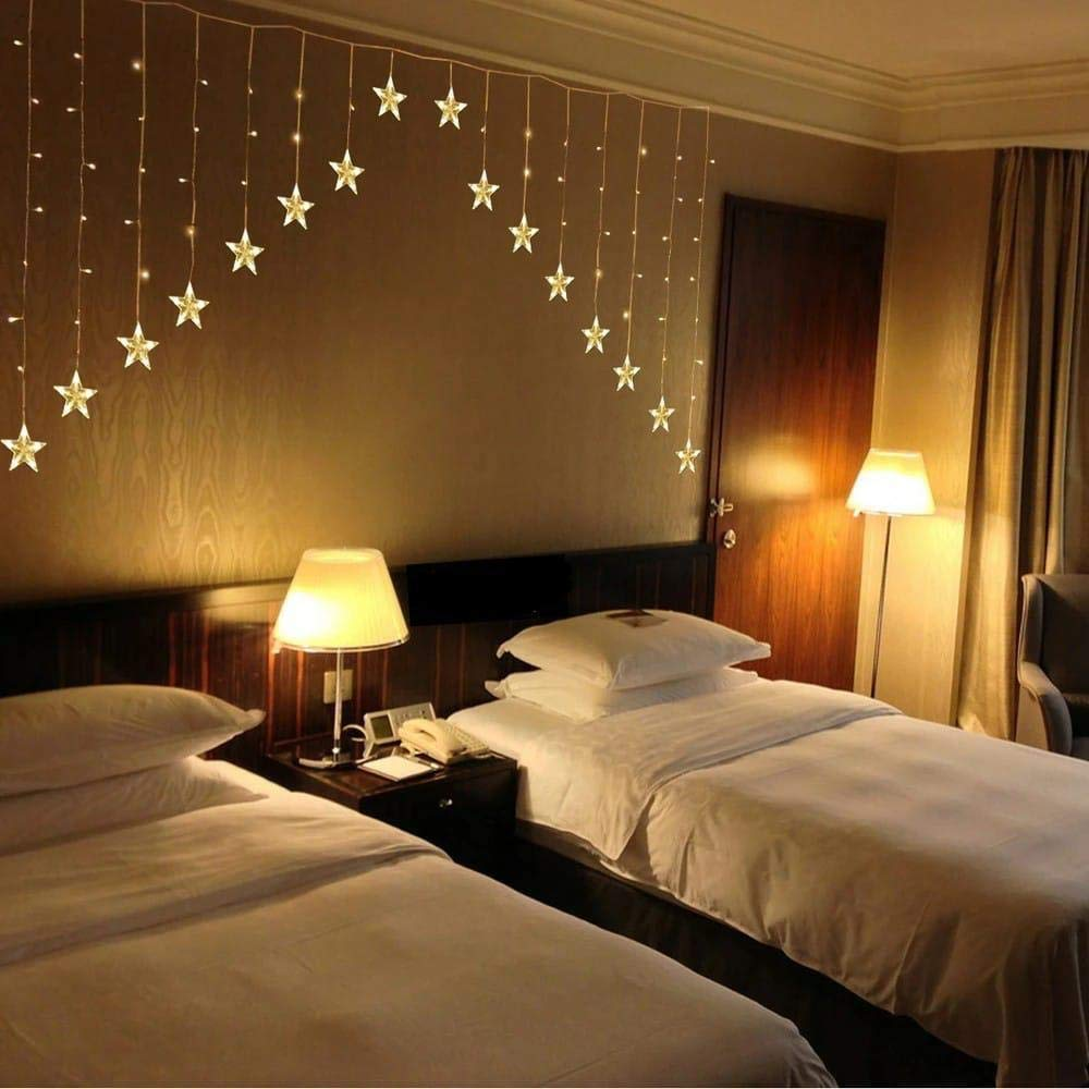 Warm White 16 Stars String Fairy Curtain Lights With 8 Flashing Modes V-shape Decoration Light