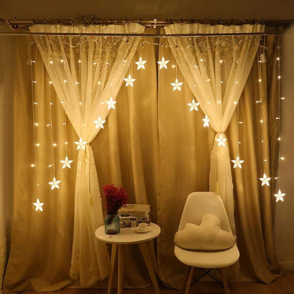 Warm White 16 Stars String Fairy Curtain Lights With 8 Flashing Modes V-shape Decoration Light