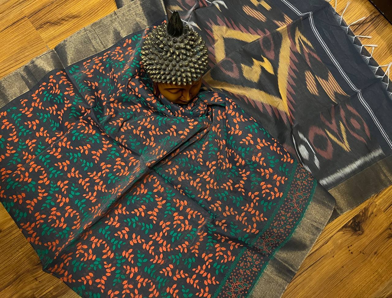 Silk Cotton Ikkath Saree - Handblock Printed With Gold Zari Border, Grey With Dotted Pattern, Traditional Style, Silk Mark Certified