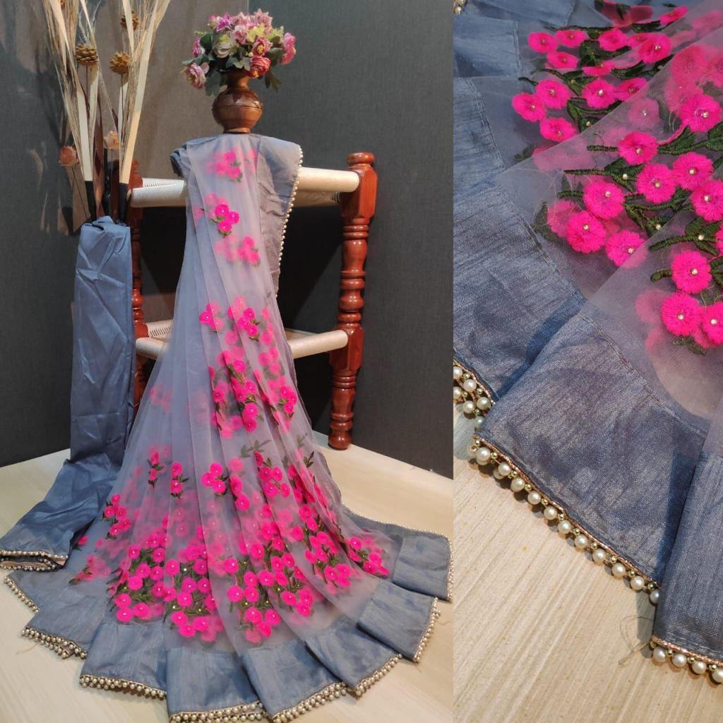 Indian Net 3d Flower Saree