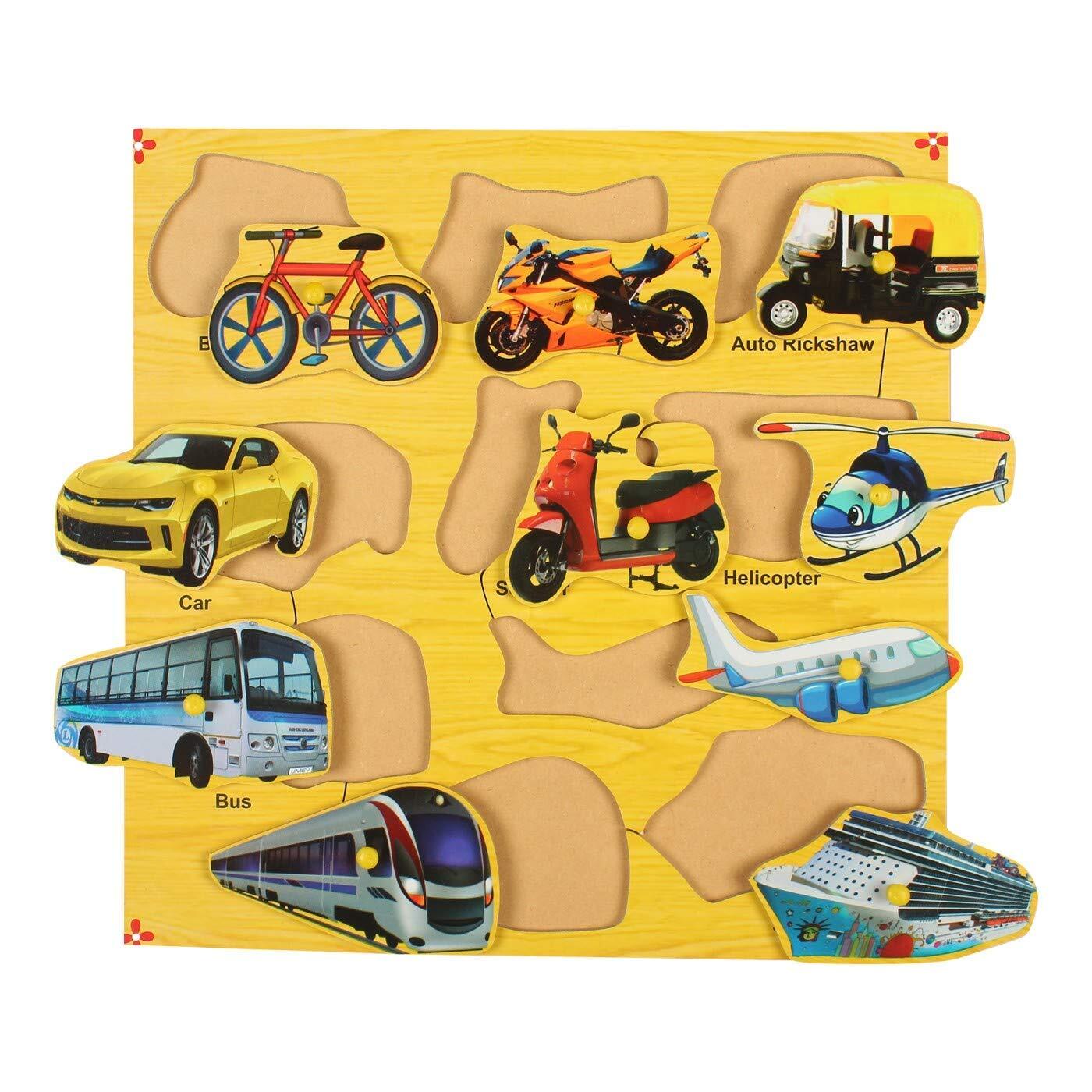 Wooden Transport Puzzle Board - 12x12 Inch, Multi-color | Enhances Motor Skills, Vocabulary, And Confidence With Knob Vehicles