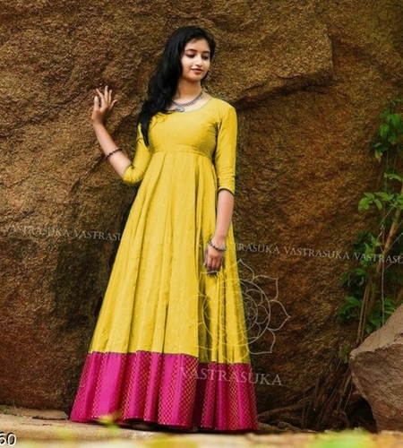 Evening Gown - Taffeta Silk, Heavy Gown Kurti, Size M L XL 2XL, Length 53-54 Inches, Short Sleeves, Appliqued Lace Design, Breathable & Washable