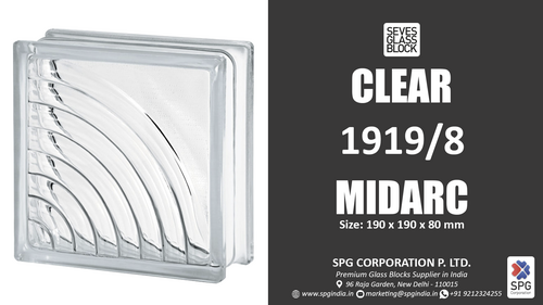 Clear Midarc Glass Block - Glass, 190 x 190 x 80 mm, Clear Transparent | Hollow Structure, Plain Surface, Ideal for Roofs, Walls, and Partitions