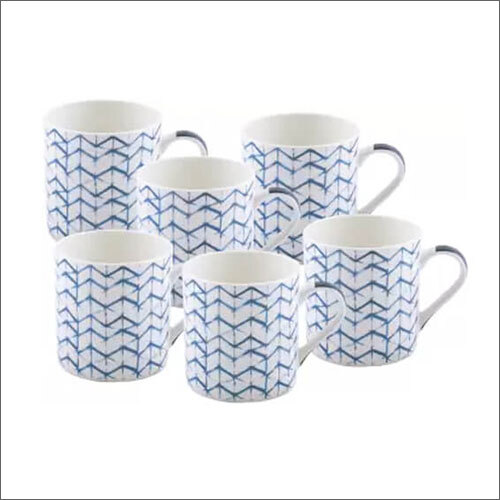 Ceramic Mug - Lightweight Round Shape, Blue and White Painted Finish | Elegant Handle, Set of Six for Hygienic Serving of Beverages