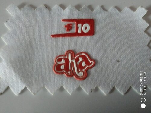 Metallic Bag Label - Cloth Material, Customized Shapes | Gold Finish, 3D Emblem, Red and White Pressure Sensitive Adhesive