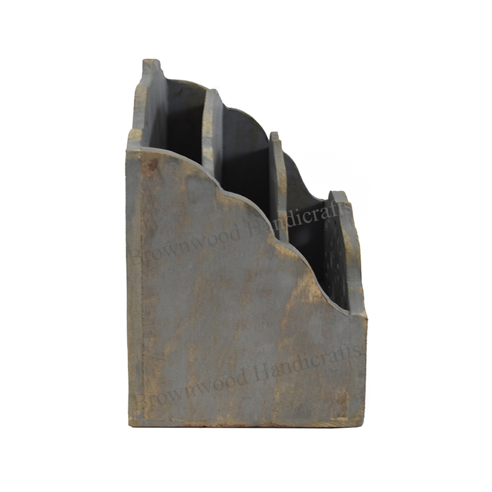 Mango Wood Burnt Grey Wash Letter Rack Size: 10 X 7 X 5 Inch