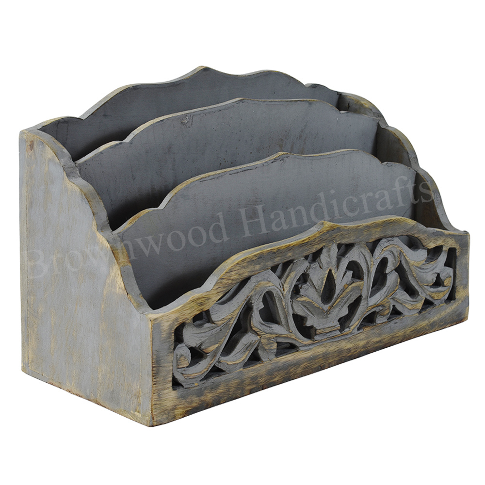 Mango Wood Burnt Grey Wash Letter Rack Size: 10 X 7 X 5 Inch