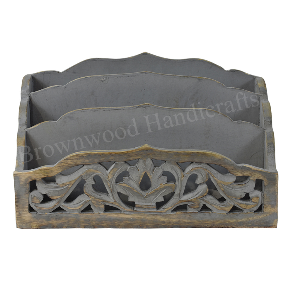 Mango Wood Burnt Grey Wash Letter Rack Size: 10 X 7 X 5 Inch