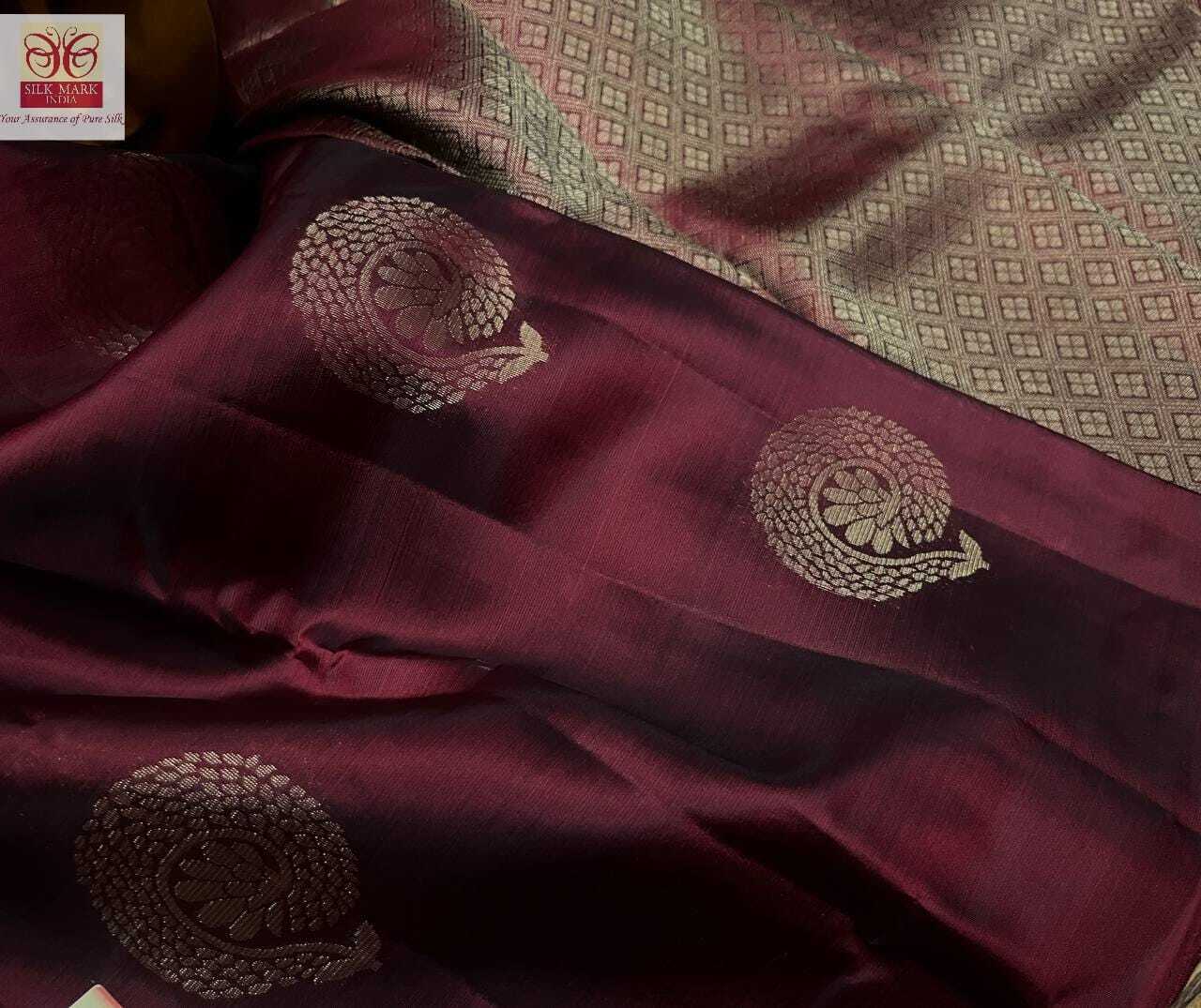 Marron Kanjivaram Soft Silk Handloom Rich Butta