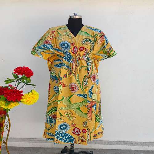 Floral Print Handmade Long Caftan - Lightweight Cotton Fabric, 50 Inches Length, V Shape Neck, Ethnic Bohemian Style, Perfect For Day And Nightwear