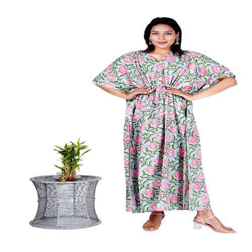 Floral Print Handmade Long Caftan - Lightweight Cotton Fabric, 50 Inches Length, V Shape Neck, Ethnic Bohemian Style, Perfect For Day And Nightwear