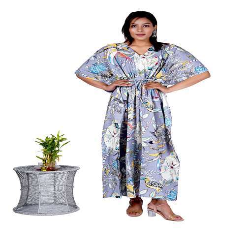 Floral Print Handmade Long Caftan - Lightweight Cotton Fabric, 50 Inches Length, V Shape Neck, Ethnic Bohemian Style, Perfect For Day And Nightwear