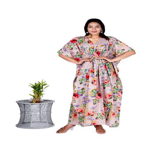 Floral Print Handmade Long Caftan - Lightweight Cotton Fabric, 50 Inches Length, V Shape Neck, Ethnic Bohemian Style, Perfect For Day And Nightwear