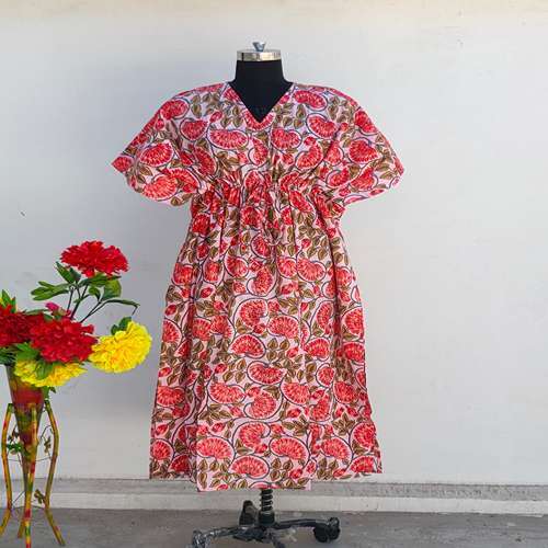 Floral Print Handmade Long Caftan - Lightweight Cotton Fabric, 50 Inches Length, V Shape Neck, Ethnic Bohemian Style, Perfect For Day And Nightwear