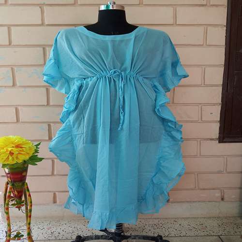 Long Frill Kaftan - Silk, One Size, Green | Stylish, Comfortable, Elegant, Flowy, Versatile, Lightweight, Summery, Maxi, Round Neck, 3/4 Sleeve