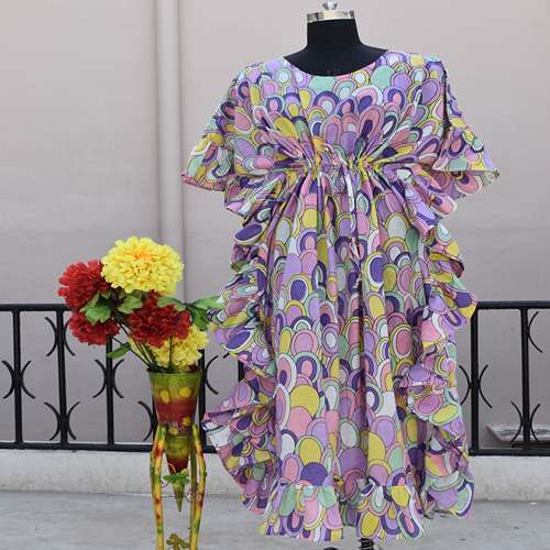 Long Frill Kaftan - Silk, One Size, Green | Stylish, Comfortable, Elegant, Flowy, Versatile, Lightweight, Summery, Maxi, Round Neck, 3/4 Sleeve