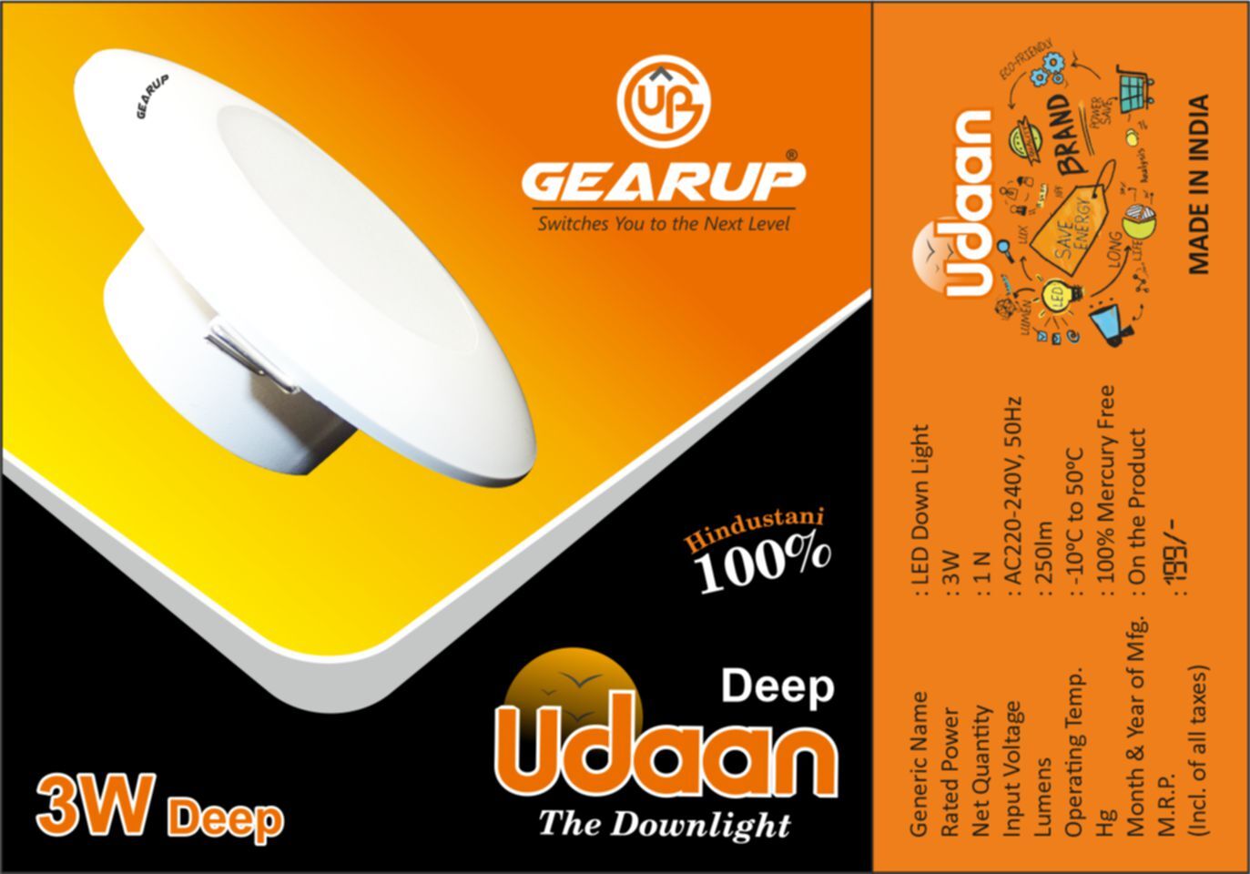 3w Udaan Deep Junction - Pc Material, Cut Size 1.8" | Multi-color Concealed Down Light, Power Factor >0.90, Ideal For Ambience