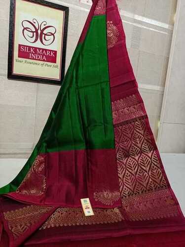 पिंक (गुलाबी) के साथ हरा सॉफ्ट सिल्क कांजीवरम हैंडलूम टर्निंग बॉर्डर साड़ी