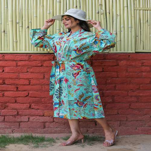 Cotton Printed Kimono - Knee-length, One Size | Blue Color, Long Sleeves, Tie Closure, Stylish Printed Design