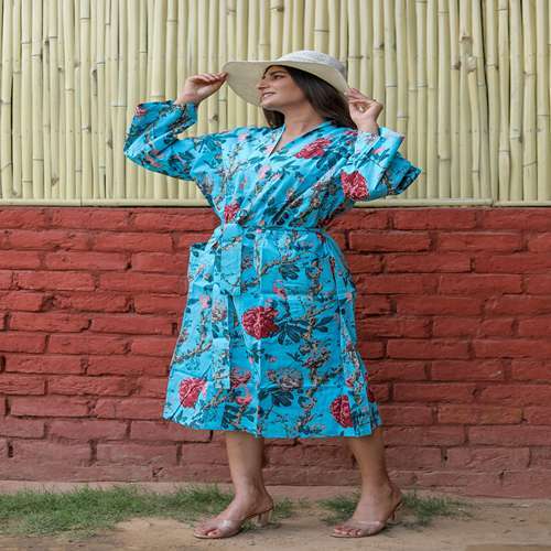 Cotton Printed Kimono - Knee-length, One Size | Blue Color, Long Sleeves, Tie Closure, Stylish Printed Design