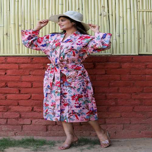 Cotton Printed Kimono - Knee-length, One Size | Blue Color, Long Sleeves, Tie Closure, Stylish Printed Design