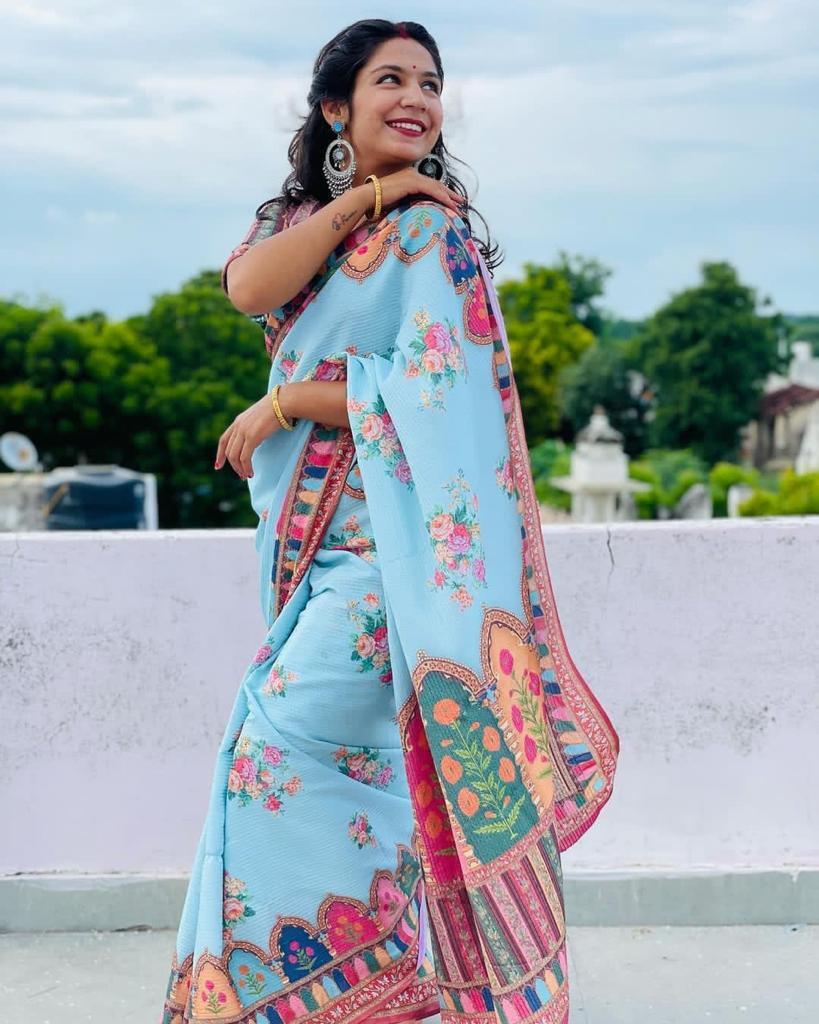 Indian Georgette Silk Fabric With Sequence Crochet Work