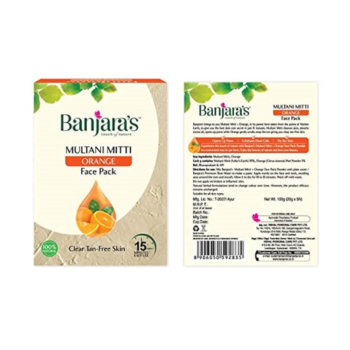 Banjaras Multani Mitti & Orange Face Pack - Paraben Free, 20mL | Skin Brightening, Oil Absorption, Tan Removal