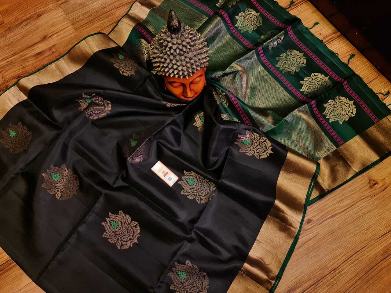 Black Pure Soft Silk Saree Gold Jarie