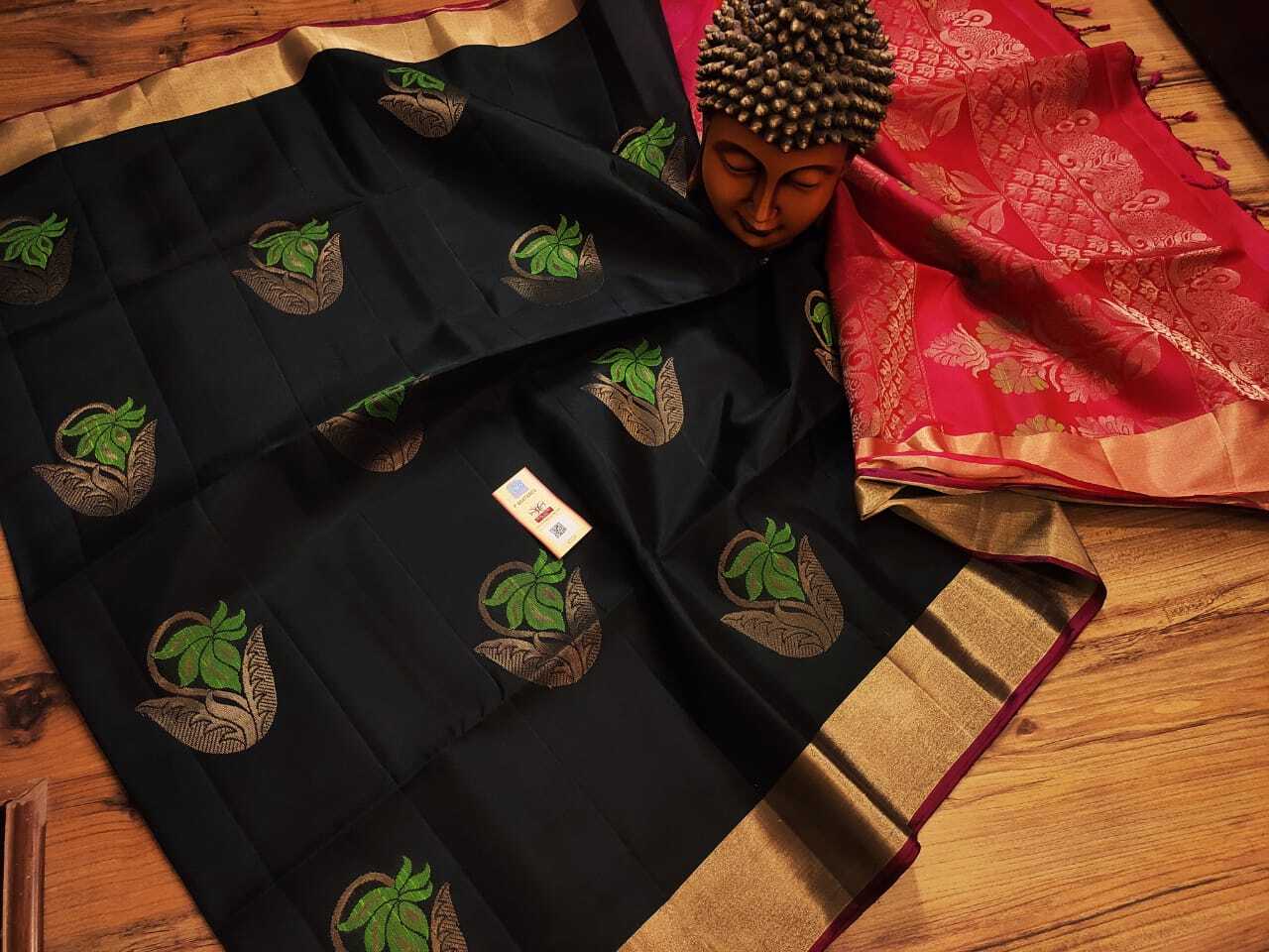 Black Pure Soft Silk Saree Gold Jarie