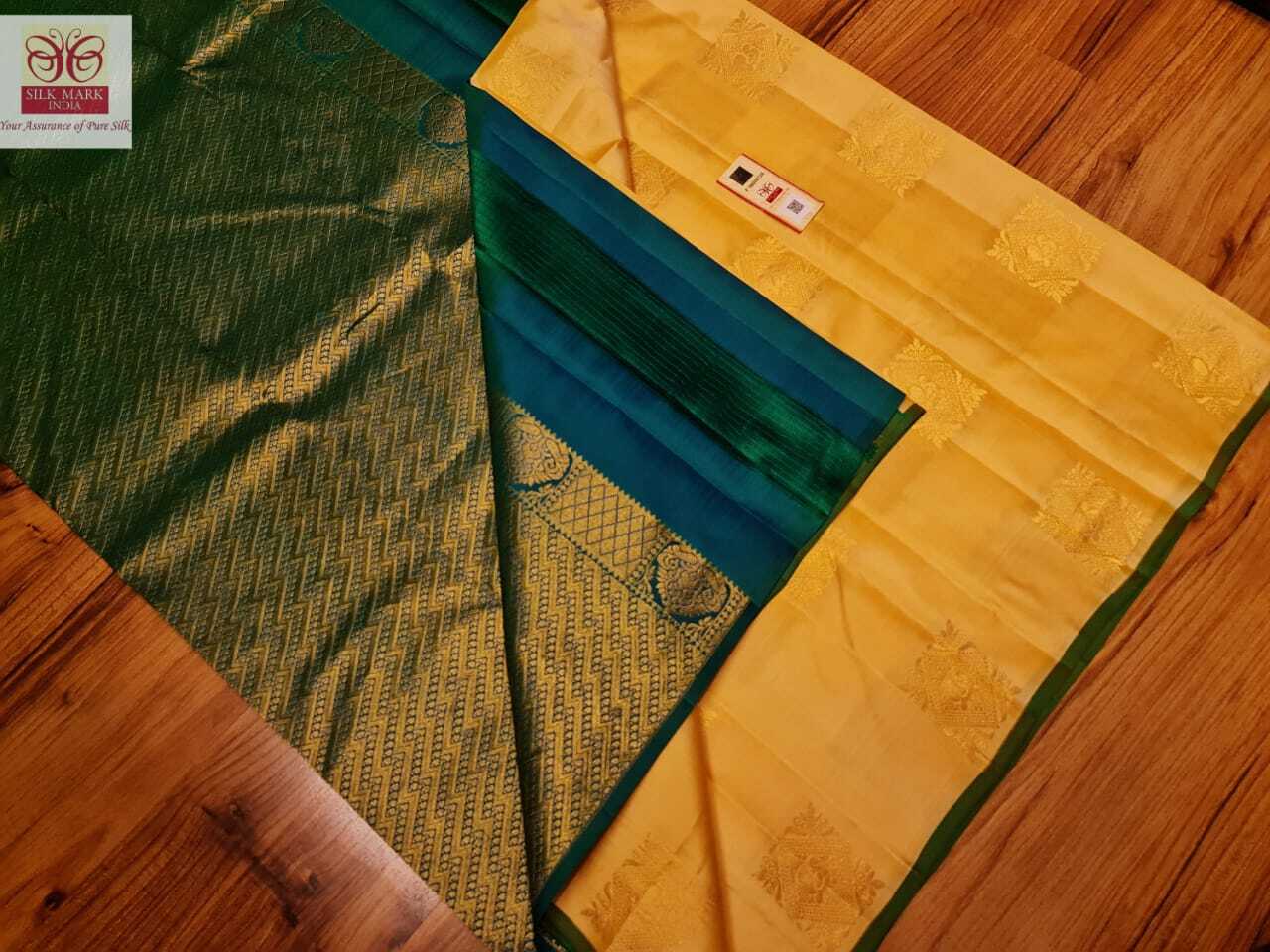 Kanjivaram Pure Silk Saree - Light Weight Dual Thread Weaving With Gold Zari Butta, Yellow With Green Contrast Pallu | Silk Mark Certified For Traditional Occasions, Unique Banana Leaf Weaving Concept
