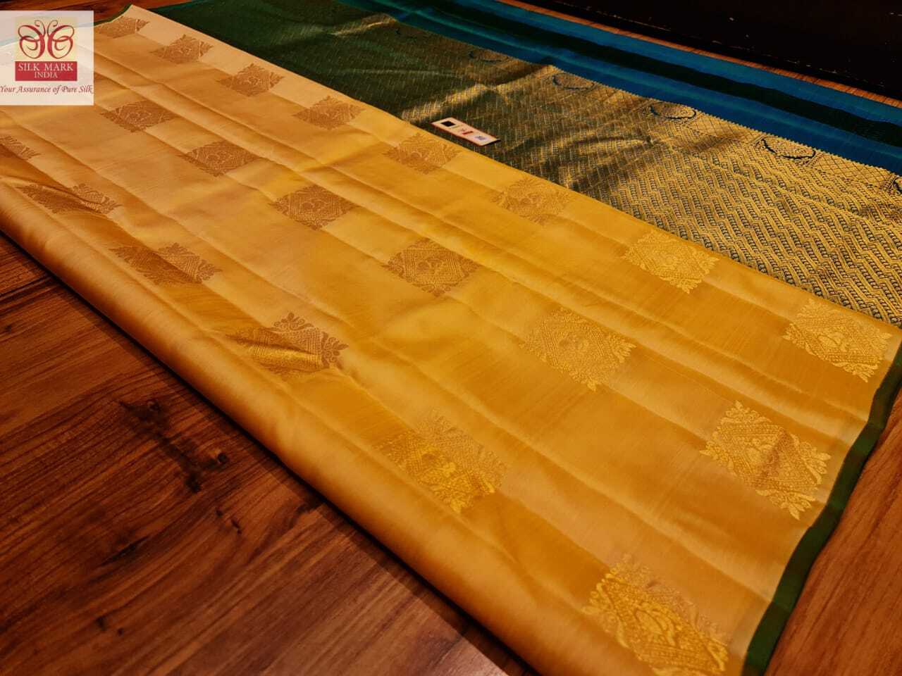 Kanjivaram Pure Silk Saree - Light Weight Dual Thread Weaving With Gold Zari Butta, Yellow With Green Contrast Pallu | Silk Mark Certified For Traditional Occasions, Unique Banana Leaf Weaving Concept