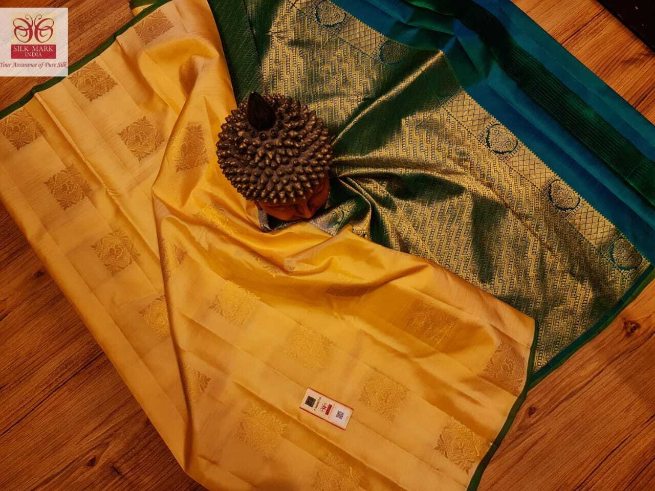 Kanjivaram Pure Silk Saree - Light Weight Dual Thread Weaving With Gold Zari Butta, Yellow With Green Contrast Pallu | Silk Mark Certified For Traditional Occasions, Unique Banana Leaf Weaving Concept