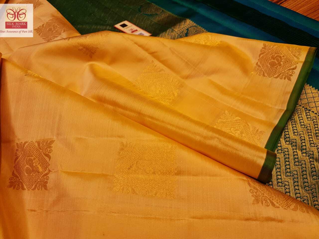 Kanjivaram Pure Silk Saree - Light Weight Dual Thread Weaving With Gold Zari Butta, Yellow With Green Contrast Pallu | Silk Mark Certified For Traditional Occasions, Unique Banana Leaf Weaving Concept