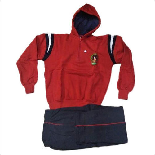 Boy School Tracksuit - Woolen Fabric, Customized Size, Blue-Red Color | Hooded Design, Full Sleeve, Lightweight, Tear Resistant, Easy Care