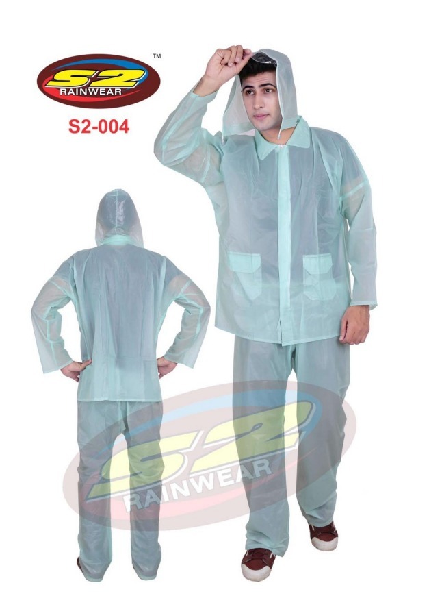 Rain Suit - Virgin Trans Pvc 0.15mm Thickness, Free Size, Assorted Colors | Waterproof Hooded Jacket With Draw-string, Zippered Front, Elastic Waist, Pouch Packing