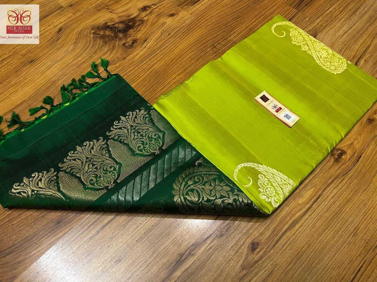 Pure Silk Handloom Saree - Double Warp Silk, Parrot Green Color With Grand Zari Work | Silk Mark Certified, Contrast Rich Pallu, Unique Aravata Butta Design
